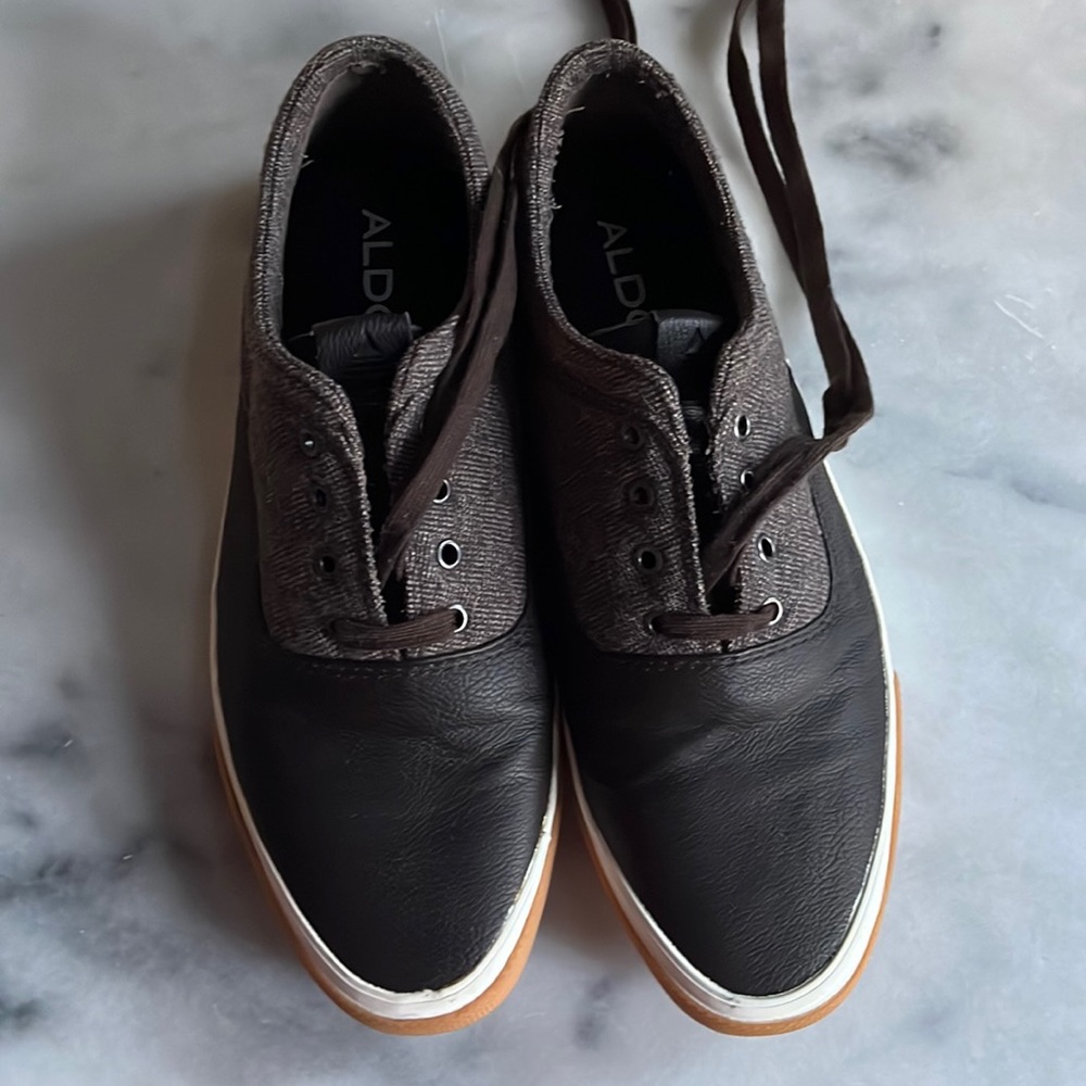 NWOT Mens Aldo Sneakers Brown leather and tweed material Size 9.5